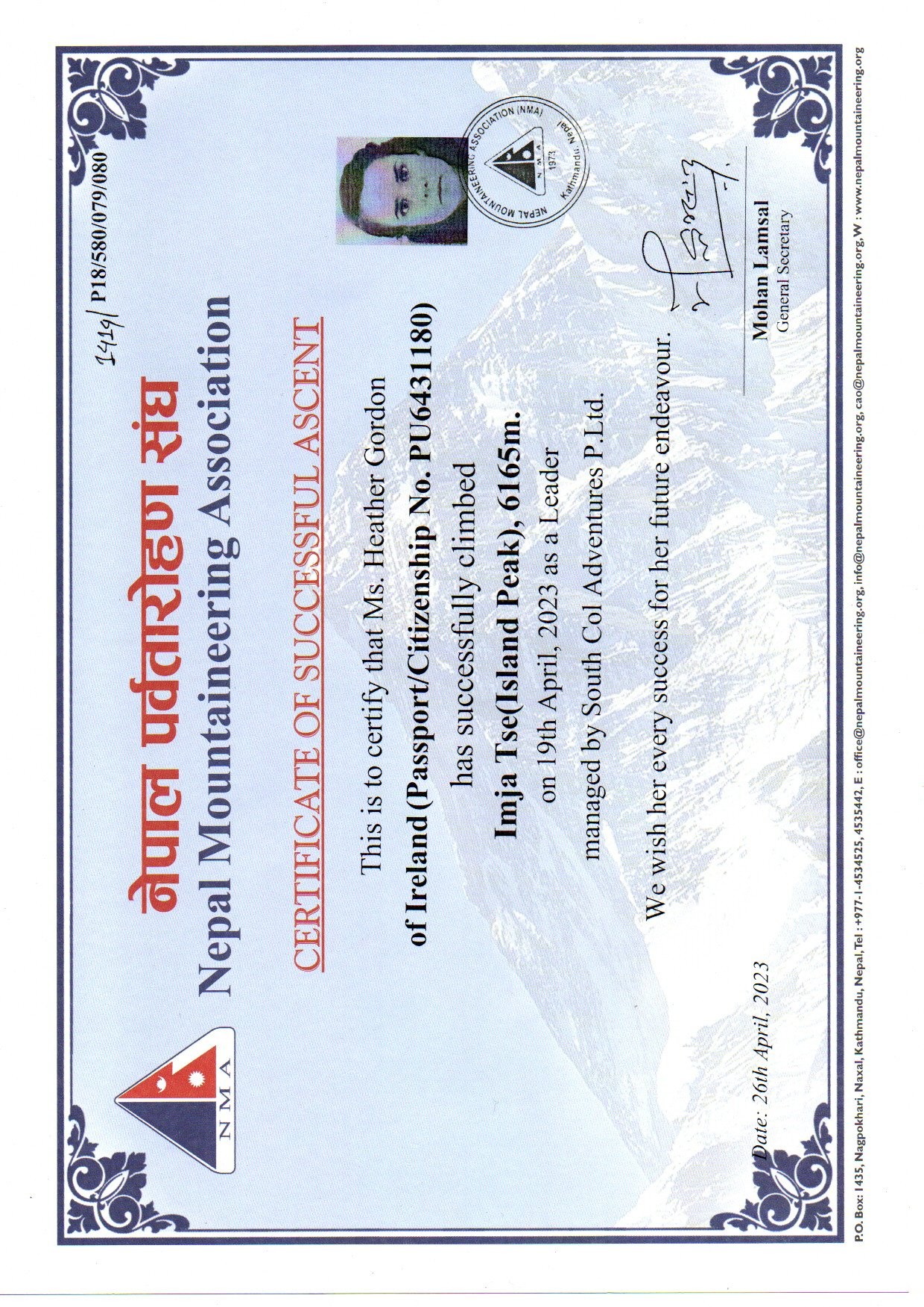 Heather - Island Peak Summit Certificate April 2023