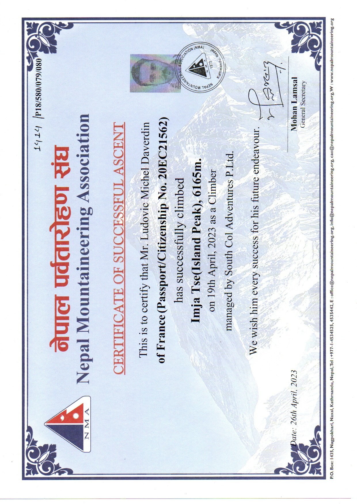 Ludovic - Island Peak Summit Certificate April 2023